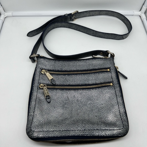 COLE HAAN Village Sheila Blue Metallic Pebbled Leather Expandable Crossbody Bag - Picture 4 of 17